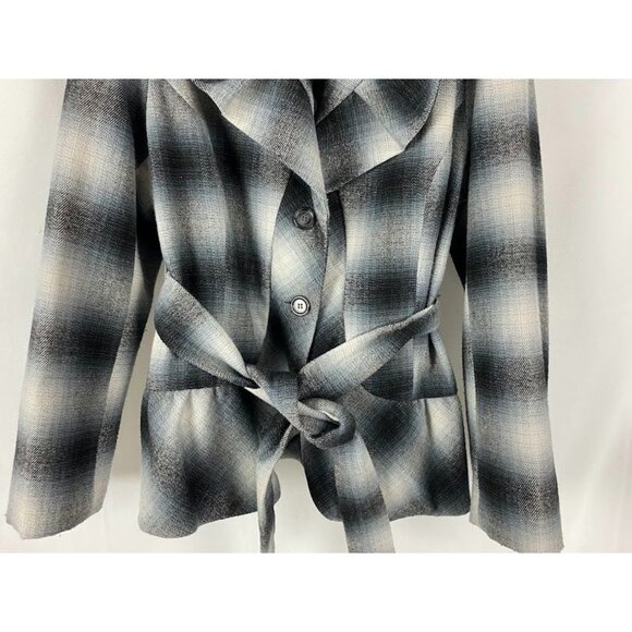 Robert Lewis Blue Gray Plaid Ruffled Belted Jacket Women's Medium. - Picture 5 of 16